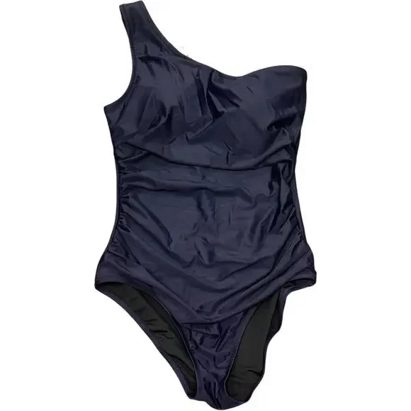 J. Crew Sz 12 Navy Blue Sleek Ruched One Shoulder Swimsuit One Piece Full Seat